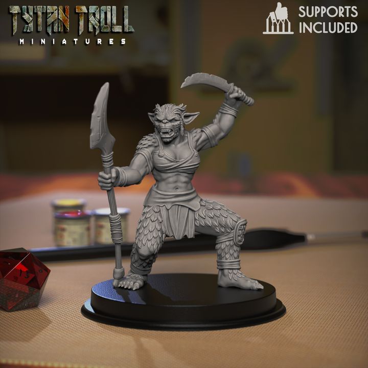 Bugbear fighter miniature holding a polearm and curved blade, ideal for Dungeons and Dragons monster encounters.