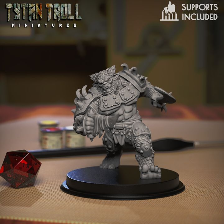 Armored bugbear warrior miniature with clawed gauntlets and spiked shoulder armor, designed for fantasy tabletop encounters.