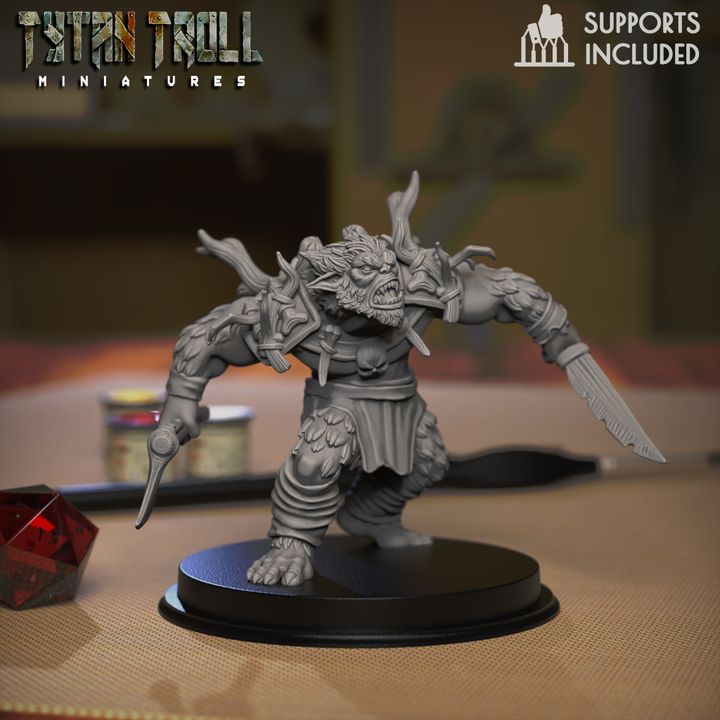 Charging bugbear monster miniature with dual blades, fur details, and a savage RPG encounter pose by TytanTroll Miniatures.