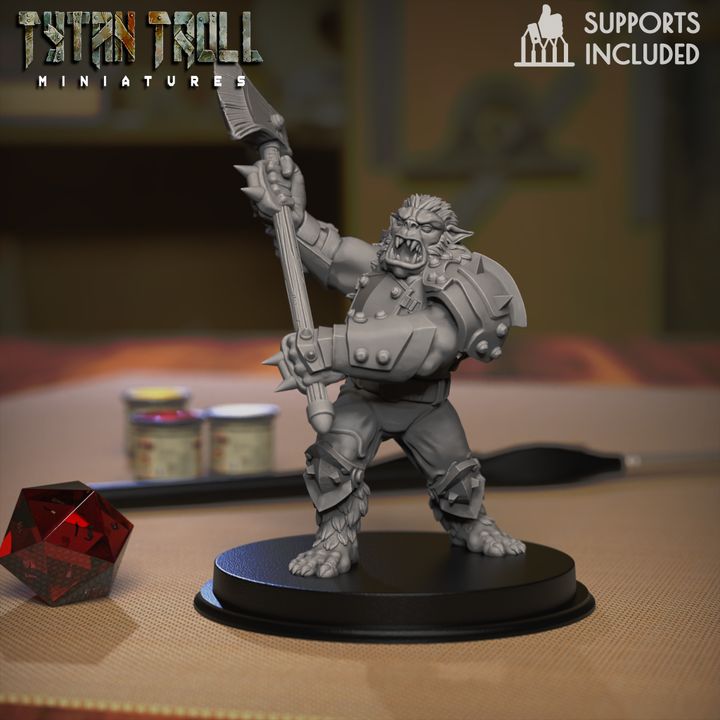 Fantasy bugbear miniature by TytanTroll holding a long polearm, wearing heavy armor and standing in a battle-ready pose.