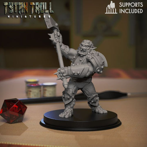 Fantasy bugbear miniature by TytanTroll holding a long polearm, wearing heavy armor and standing in a battle-ready pose.
