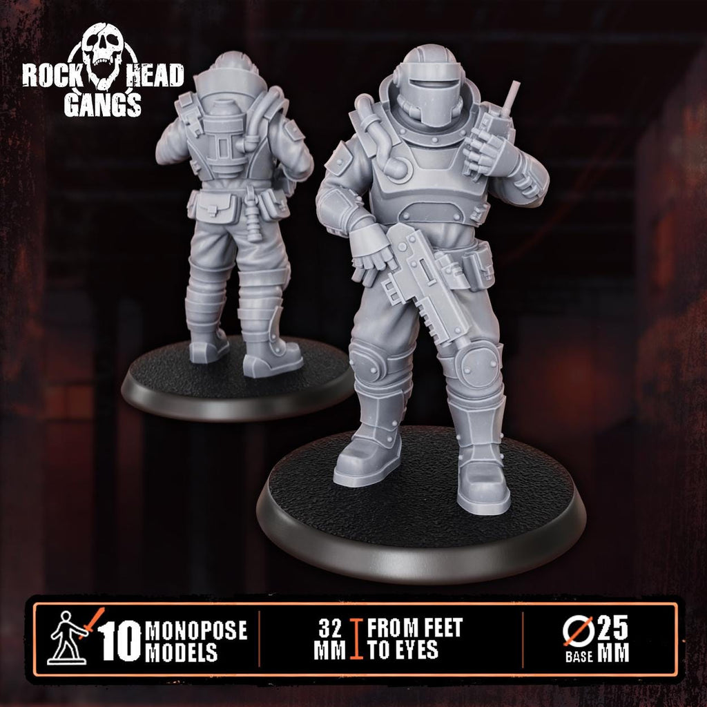 Close‑up of City Security Squad resin miniatures from Rock Head Gangs, showing finely sculpted armor, equipment, and patrol‑ready poses on round bases.
