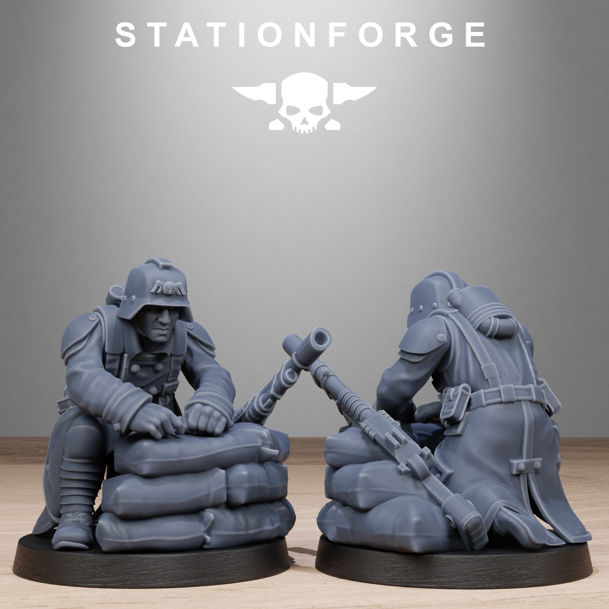 GrimGuard Battlefront resin miniature shown kneeling behind sandbags with rifle and trench warfare gear.