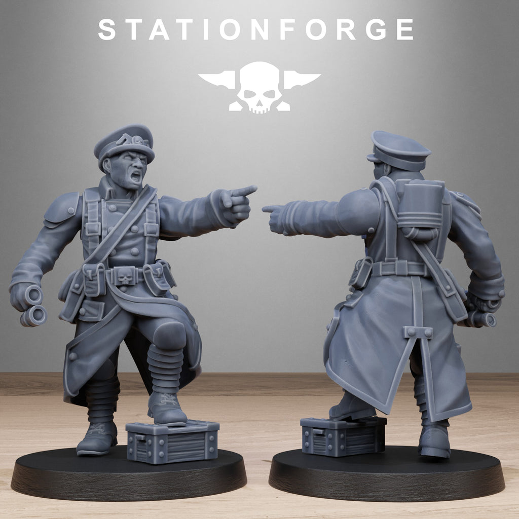 GrimGuard Battlefront officer-style resin miniature pointing forward while holding a weapon, wearing a long coat, cap, and battlefield equipment.