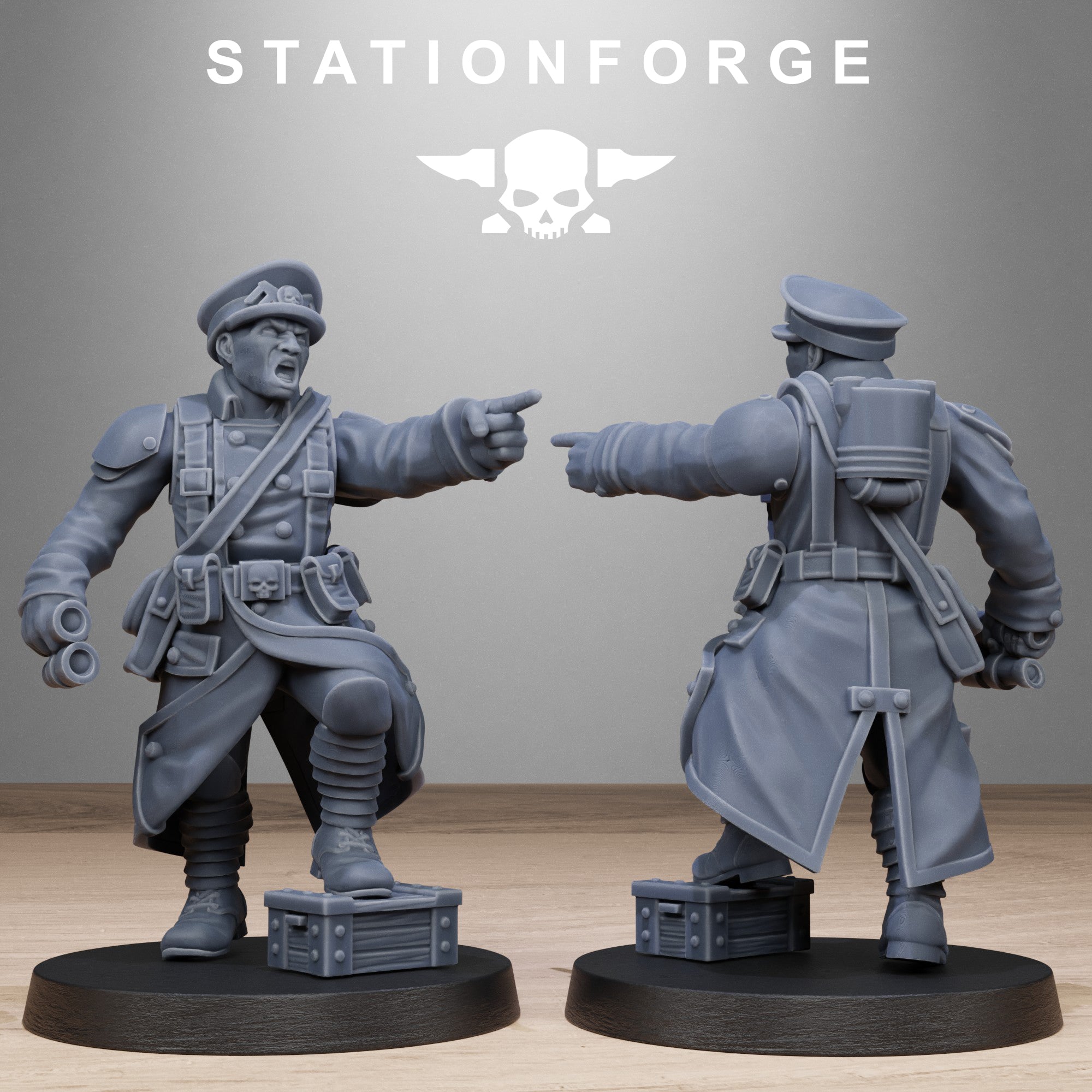 GrimGuard Battlefront officer-style resin miniature pointing forward while holding a weapon, wearing a long coat, cap, and battlefield equipment.