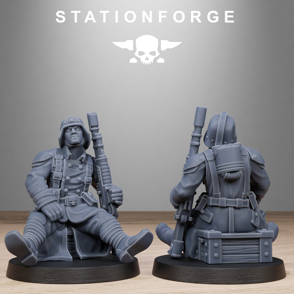 GrimGuard Battlefront resin miniature shown seated with rifle, helmet, long coat, and battlefield crate details.