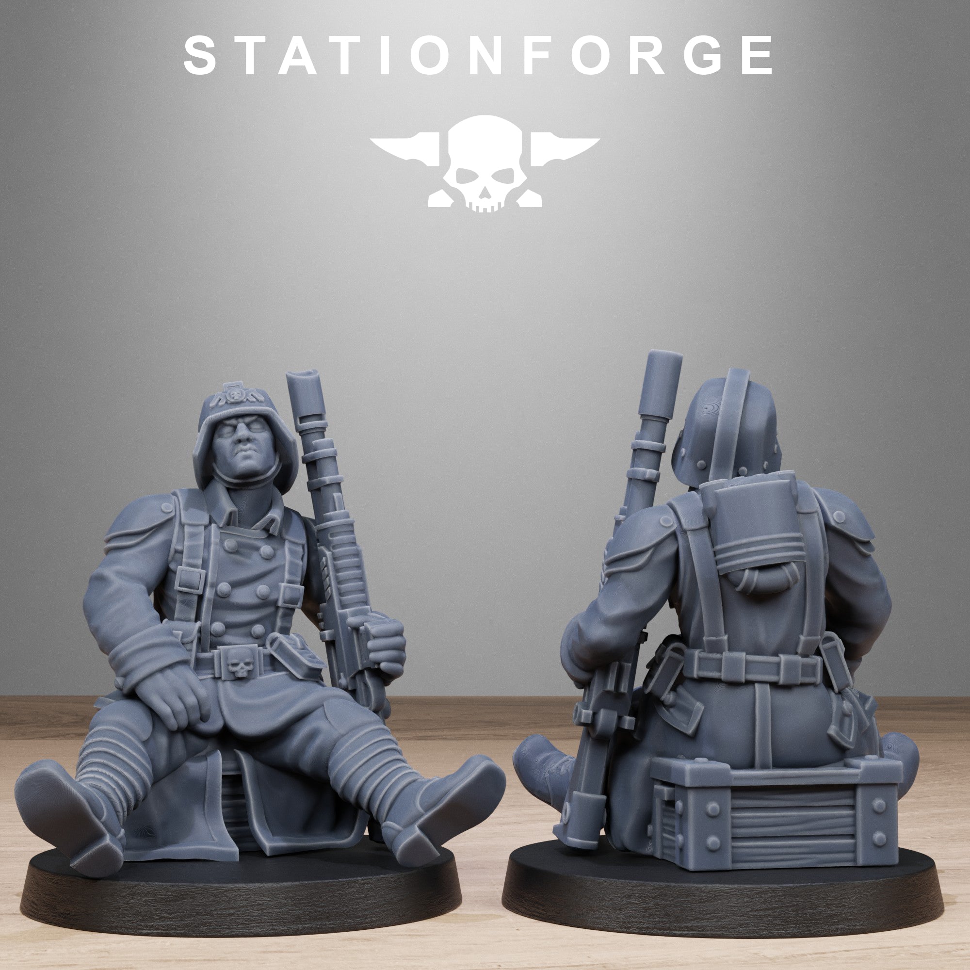 GrimGuard Battlefront resin miniature shown seated with rifle, helmet, long coat, and battlefield crate details.