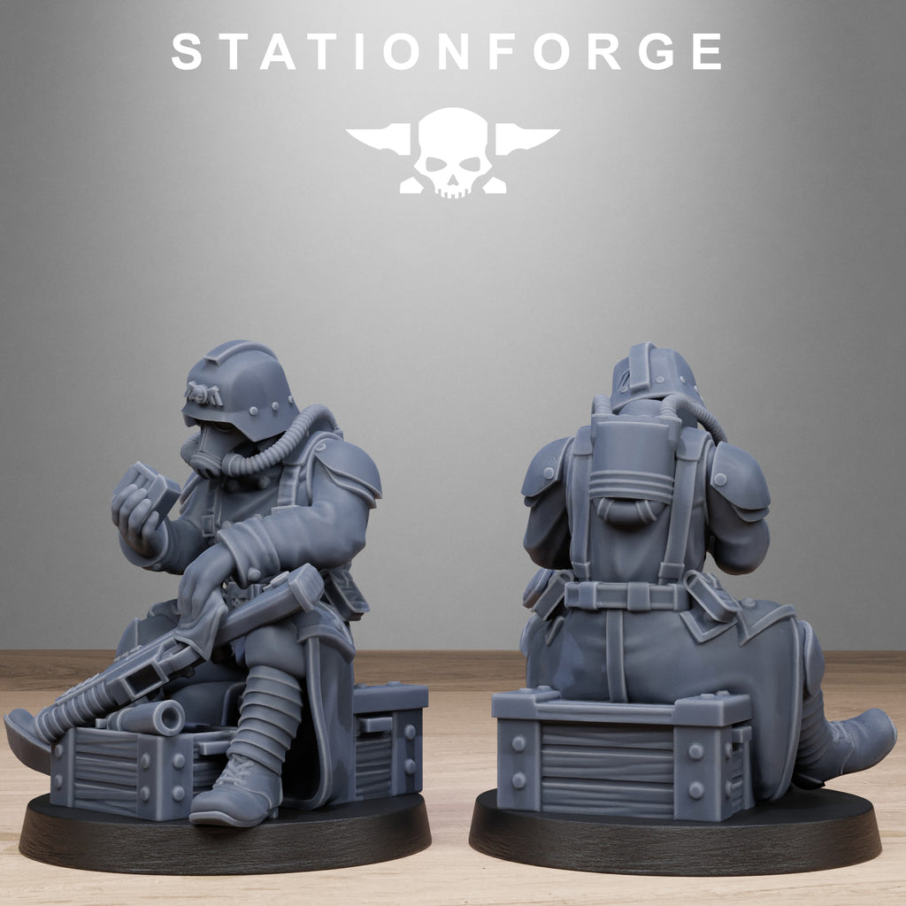 GrimGuard Battlefront resin miniature shown seated with rifle, helmet, long coat, and battlefield crate details.