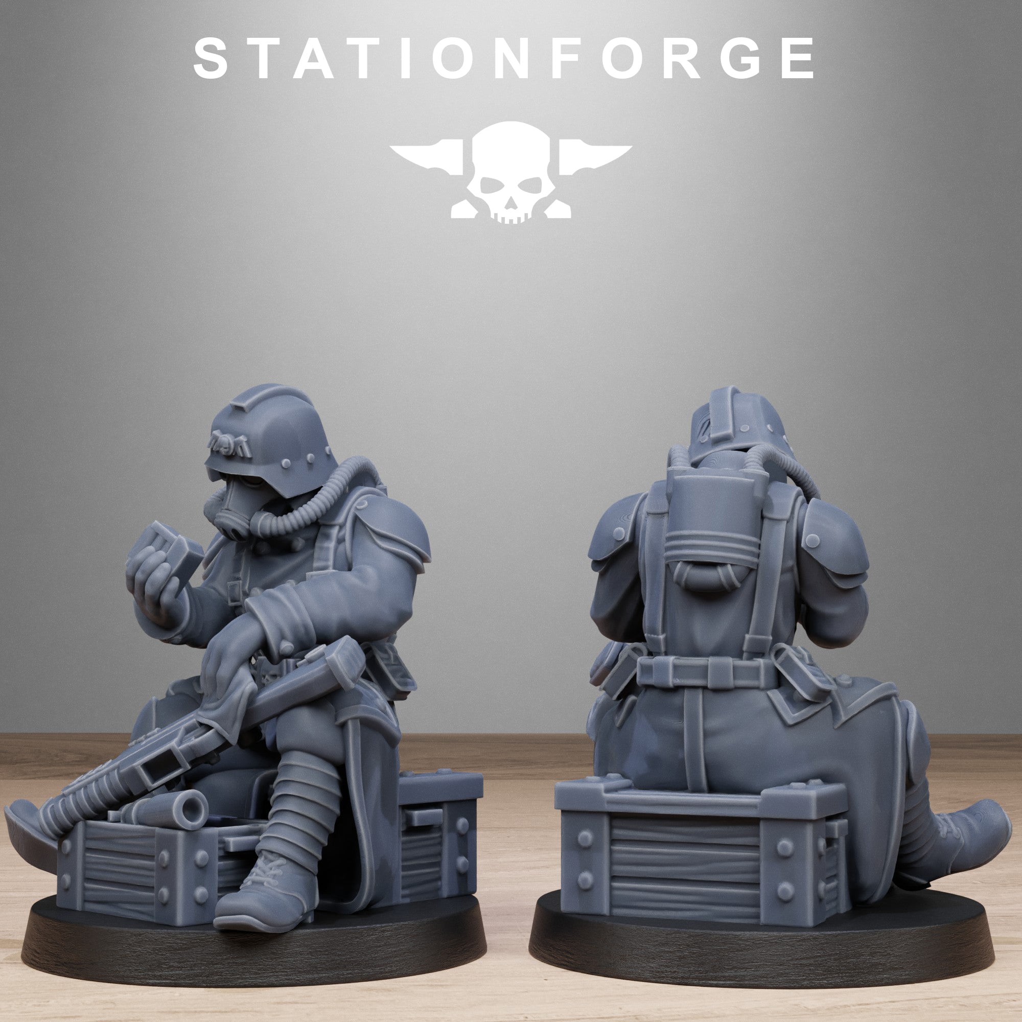 GrimGuard Battlefront resin miniature shown seated with rifle, helmet, long coat, and battlefield crate details.