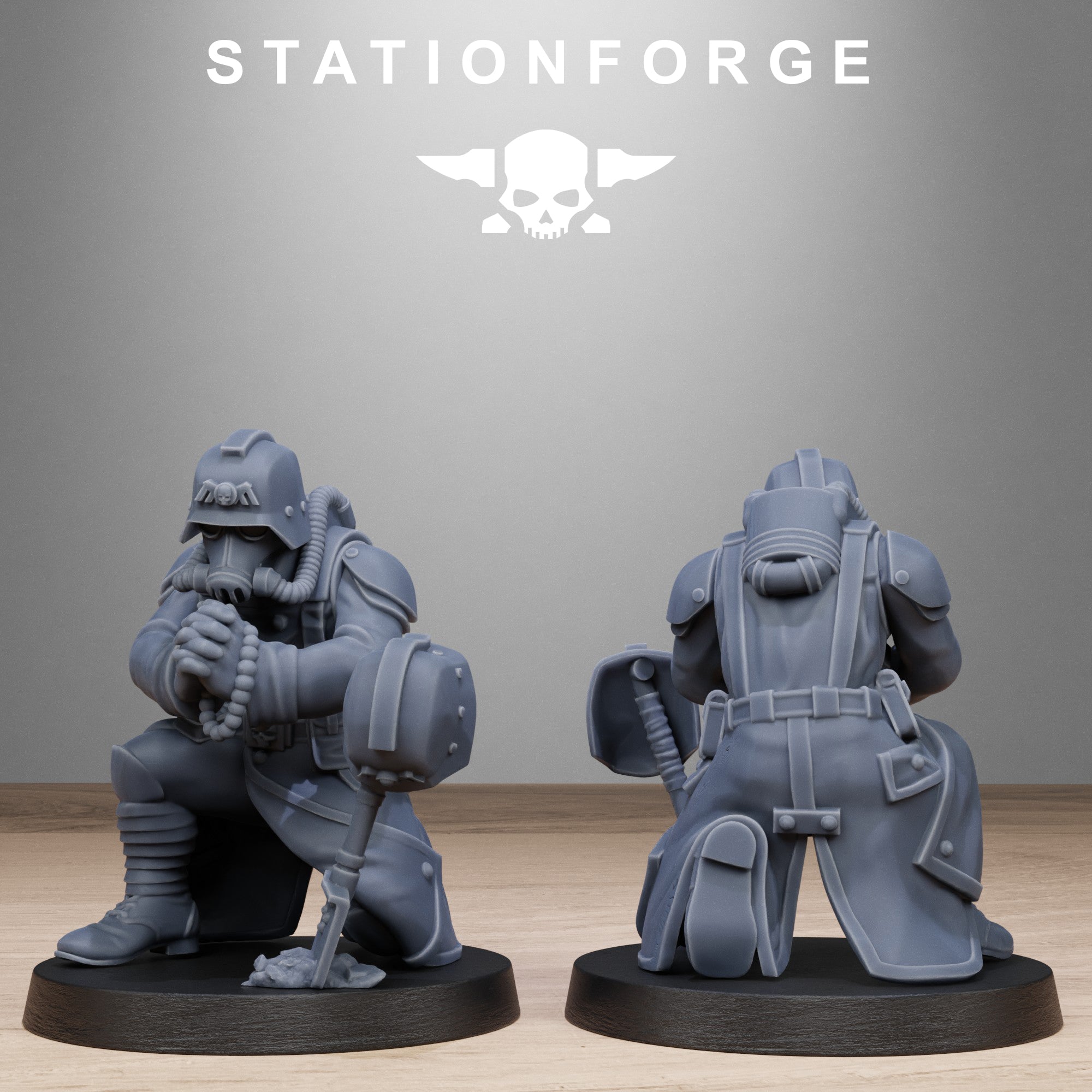 Individual GrimGuard Battlefront resin miniature by StationForge with grimdark trench infantry details and battlefield pose.
