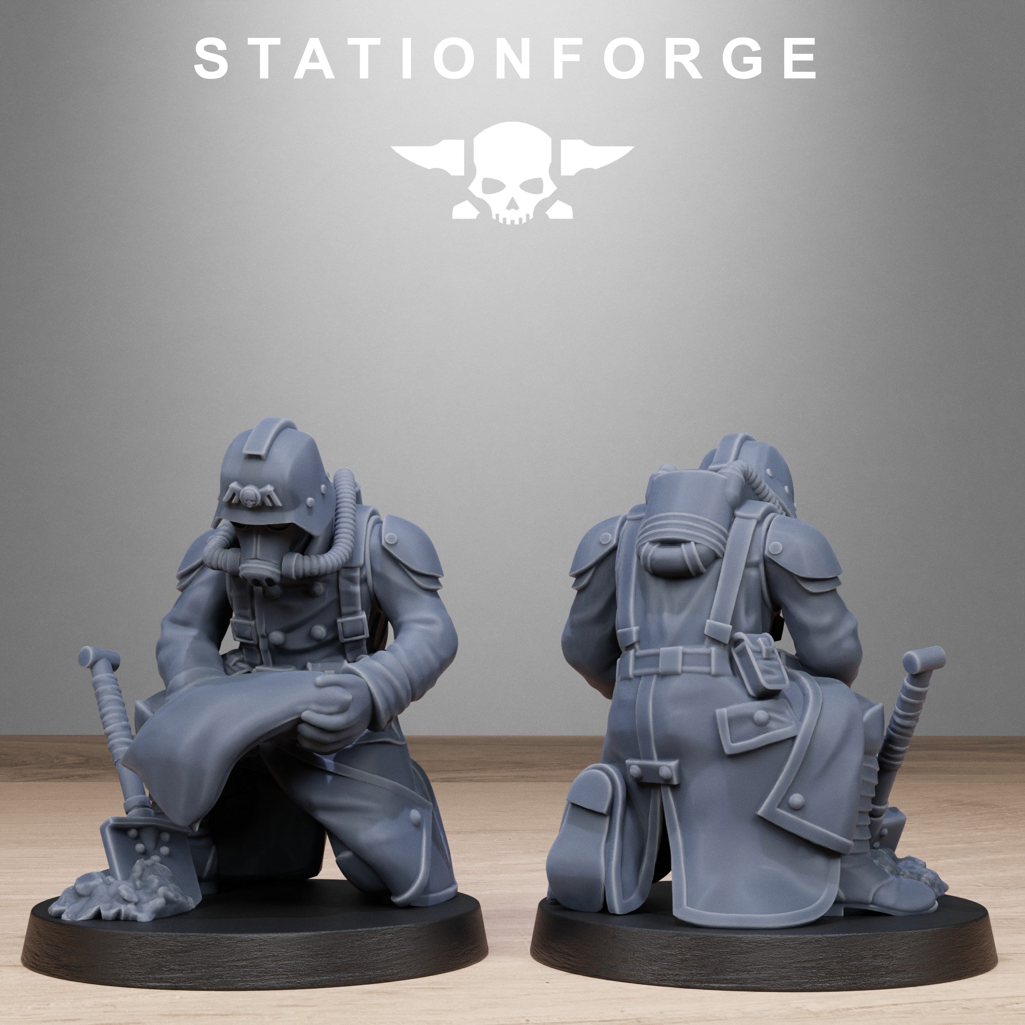 GrimGuard Battlefront resin miniature shown kneeling behind sandbags with rifle and trench warfare gear.