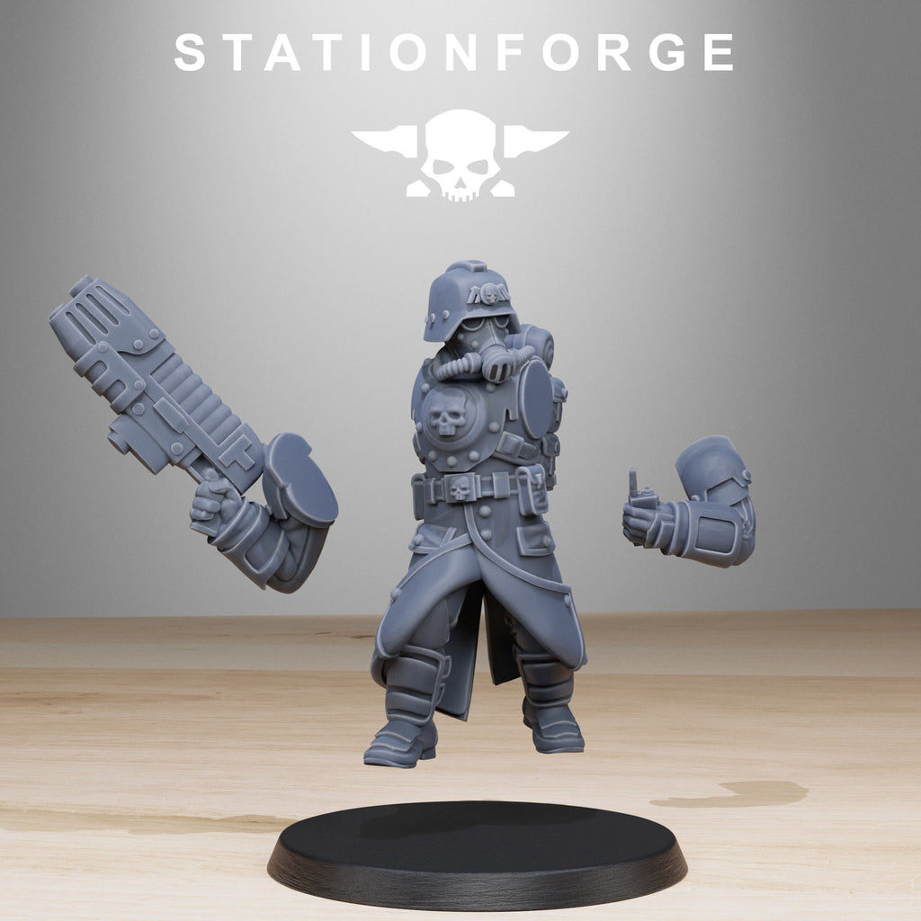 Grimguard Bombardiers modular resin miniature parts with heavy weapons, masked heads, arms, and armored sci-fi infantry bodies.