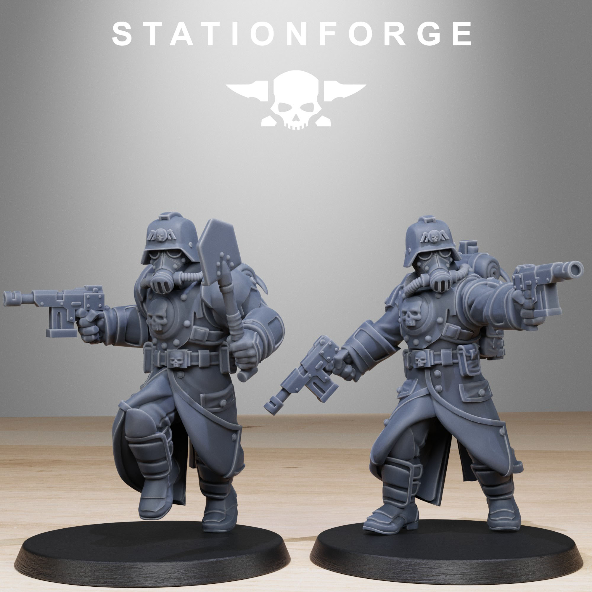 Two Grimguard Bombardiers miniatures in dynamic combat poses with sidearms, melee weapons, and rugged sci-fi armor.
