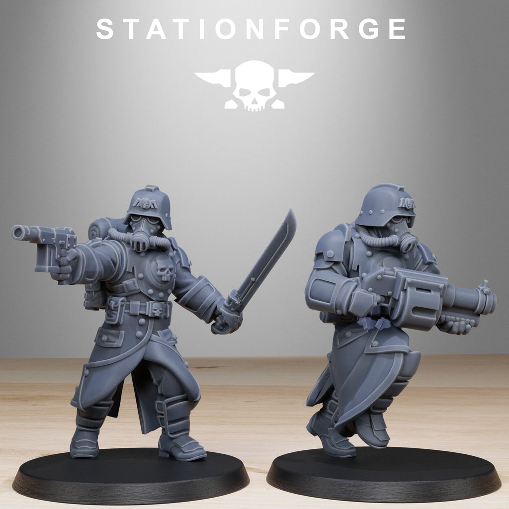 Grimguard Bombardiers resin miniatures with pistols, blade weapons, gas-mask helmets, and grim sci-fi infantry armor.