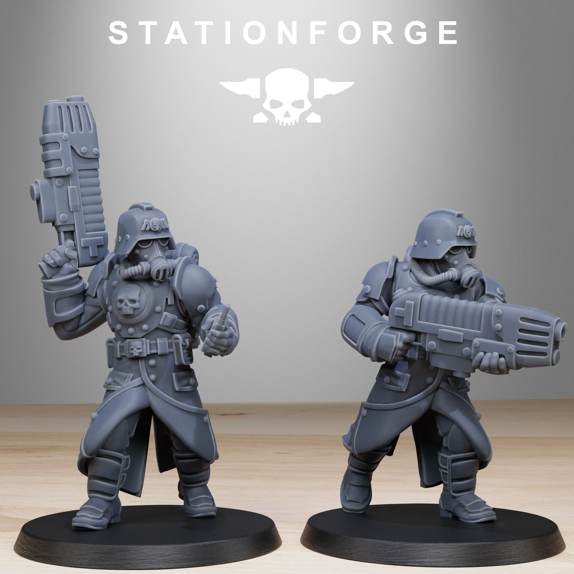 Grimguard Bombardiers heavy weapon miniatures with large sci-fi guns, gas masks, armored coats, and detailed battlefield gear.