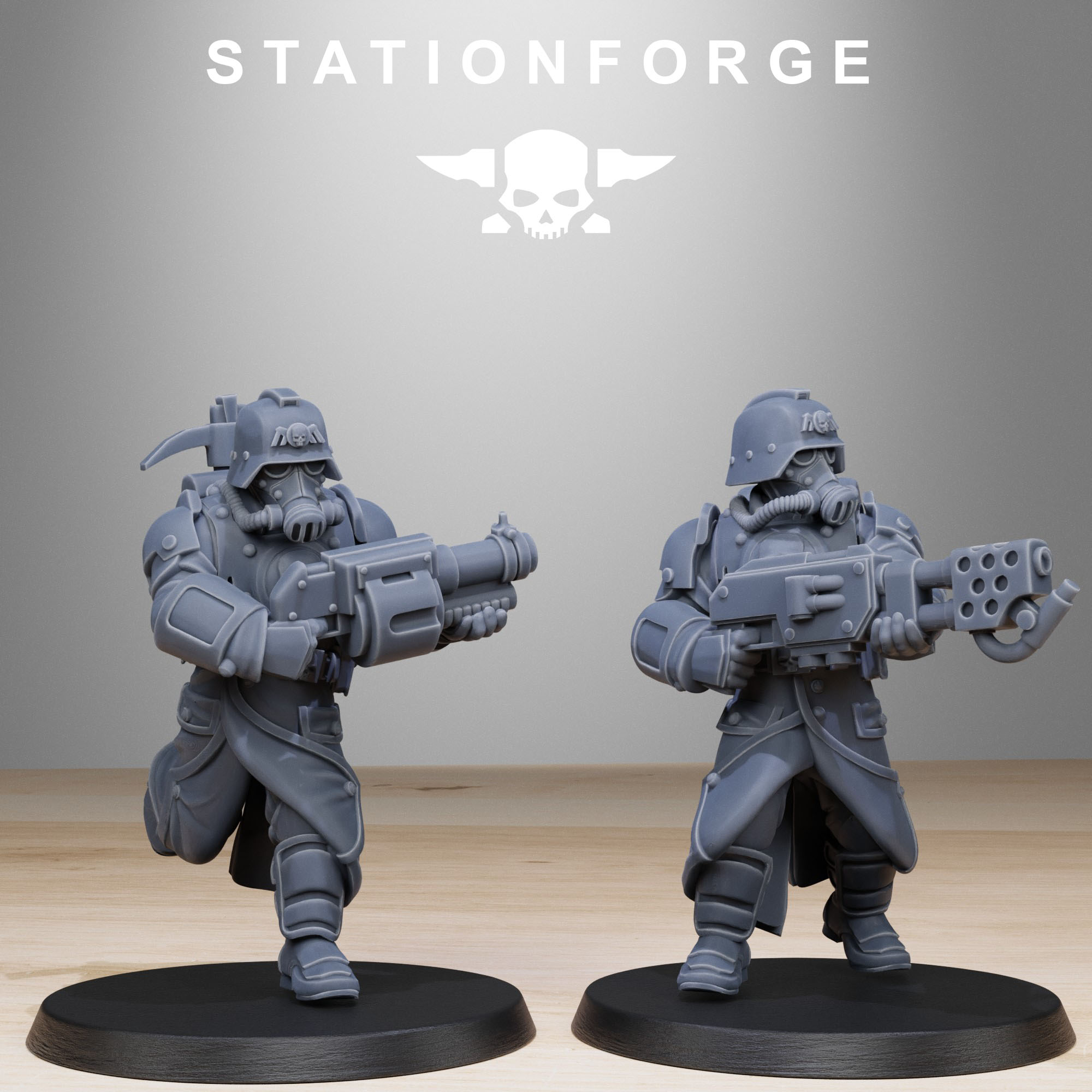 Two Grimguard Bombardiers resin miniatures advancing with heavy sci-fi weapons, gas-mask helmets, and armored coats.