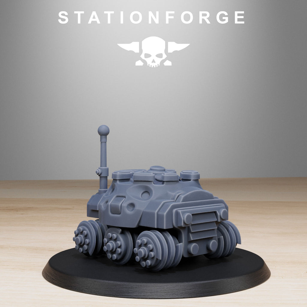 Grimguard Bombardiers support robot resin miniature with armored sci-fi drone design on a round tabletop base.