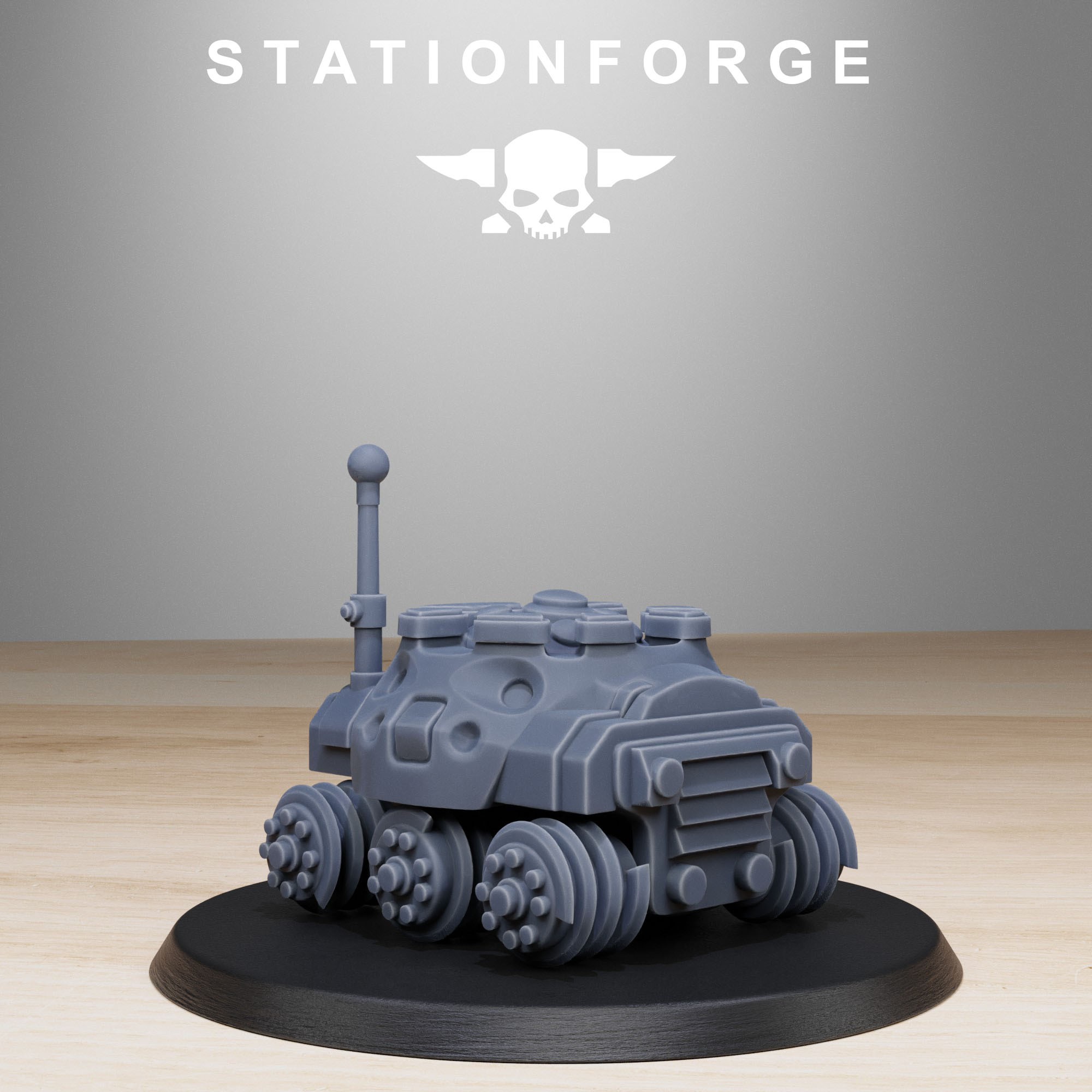 Grimguard Bombardiers support robot resin miniature with armored sci-fi drone design on a round tabletop base.