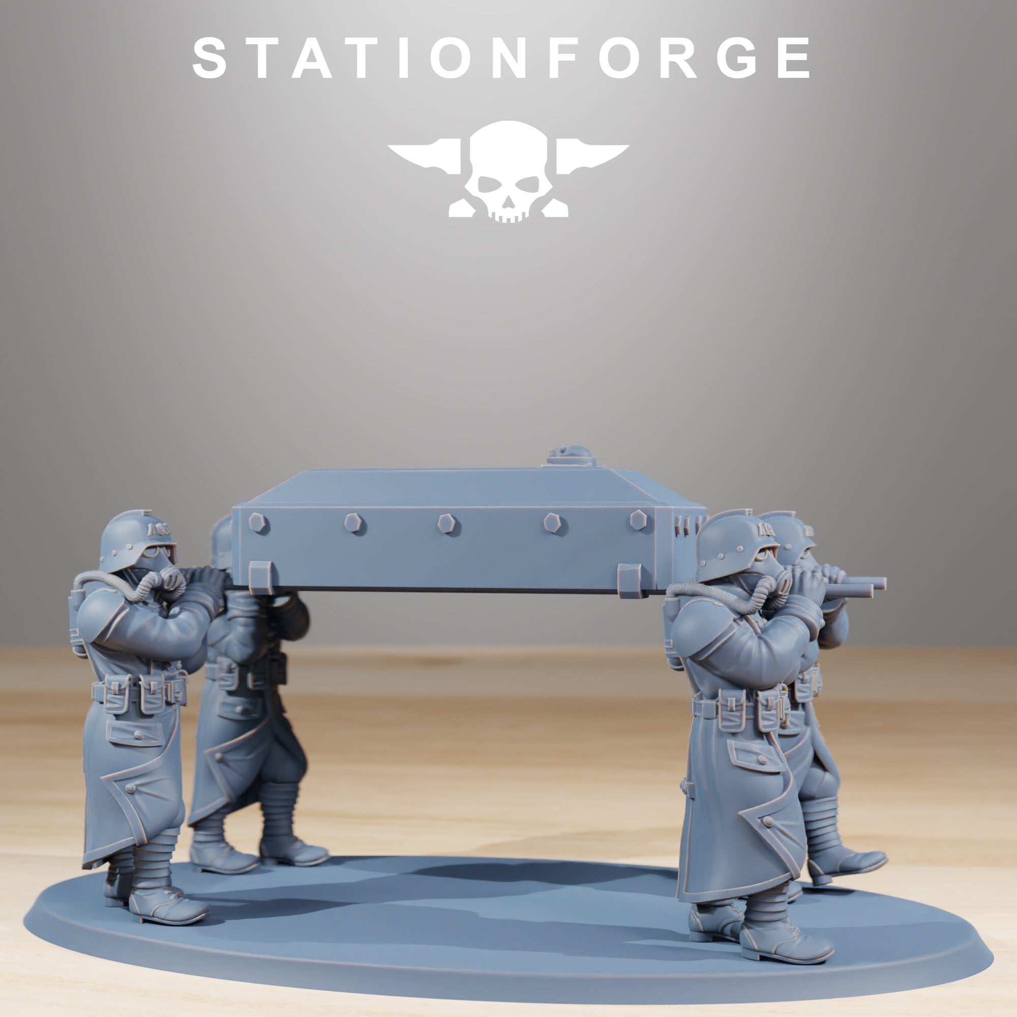 GrimGuard Casualties resin miniatures showing gas-masked trench soldiers carrying a large military casket across a scenic base.
