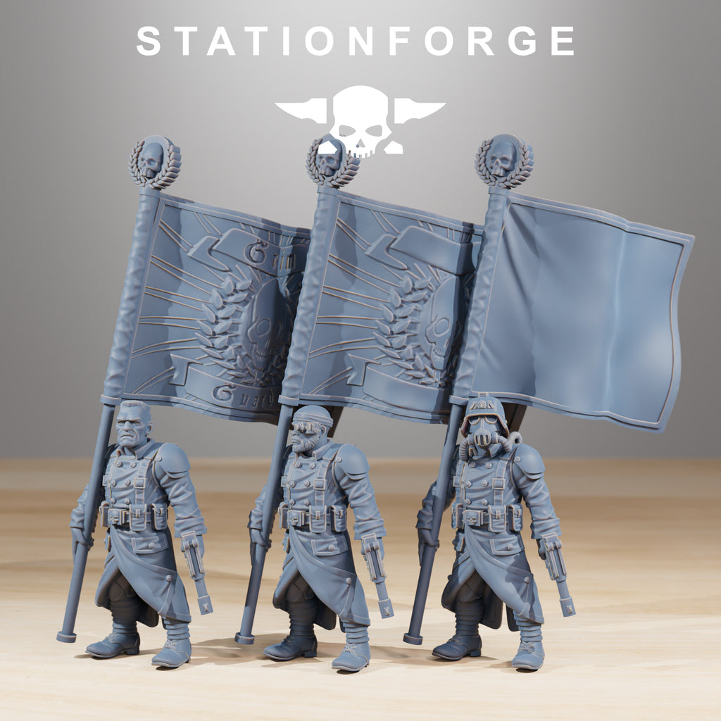 Grimguard Combatants banner bearers by Station Forge with skull-themed command flags and sci-fi infantry details.