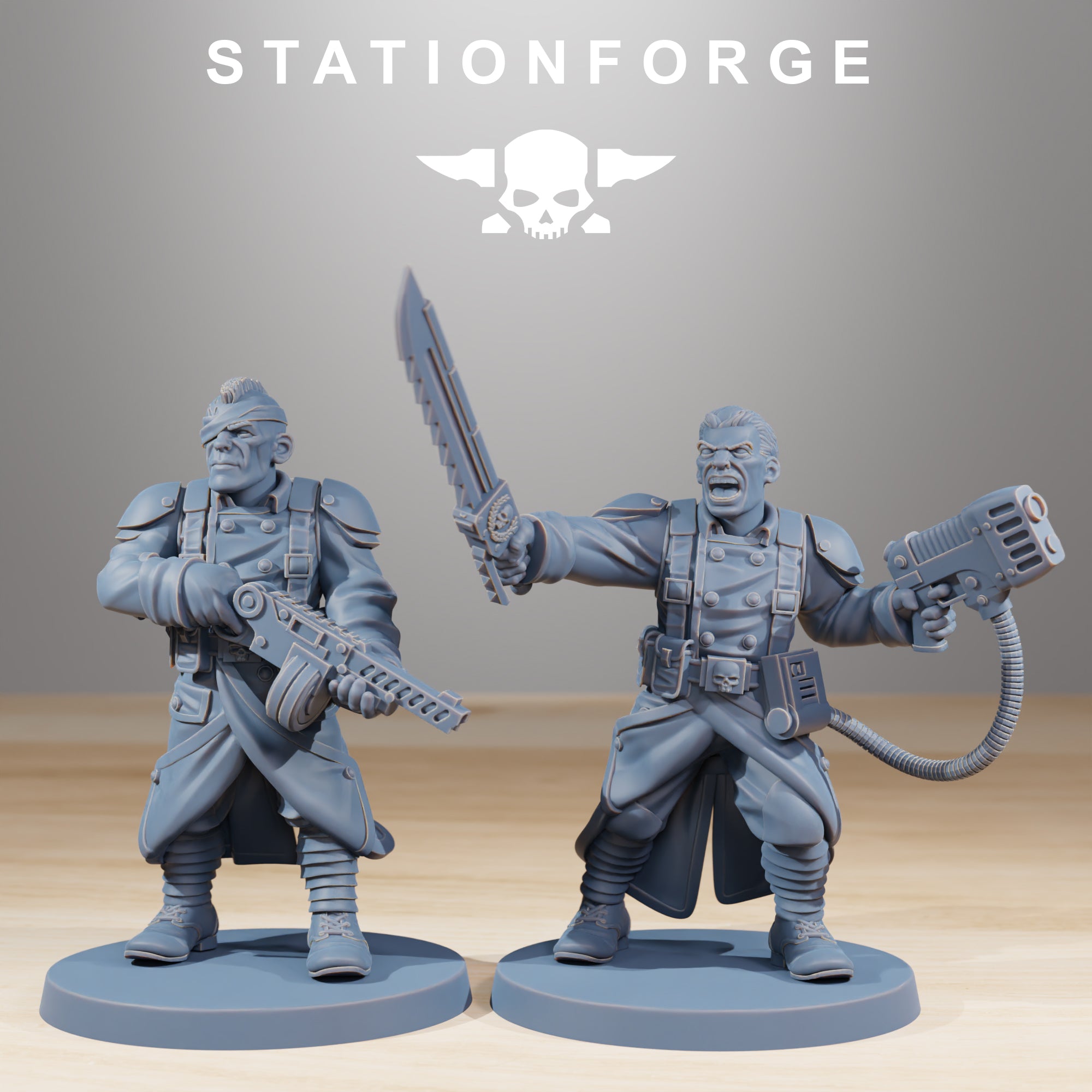 Two Grimguard Combatants sci-fi infantry miniatures by Station Forge with long coats, rifles, masks, and battlefield gear.