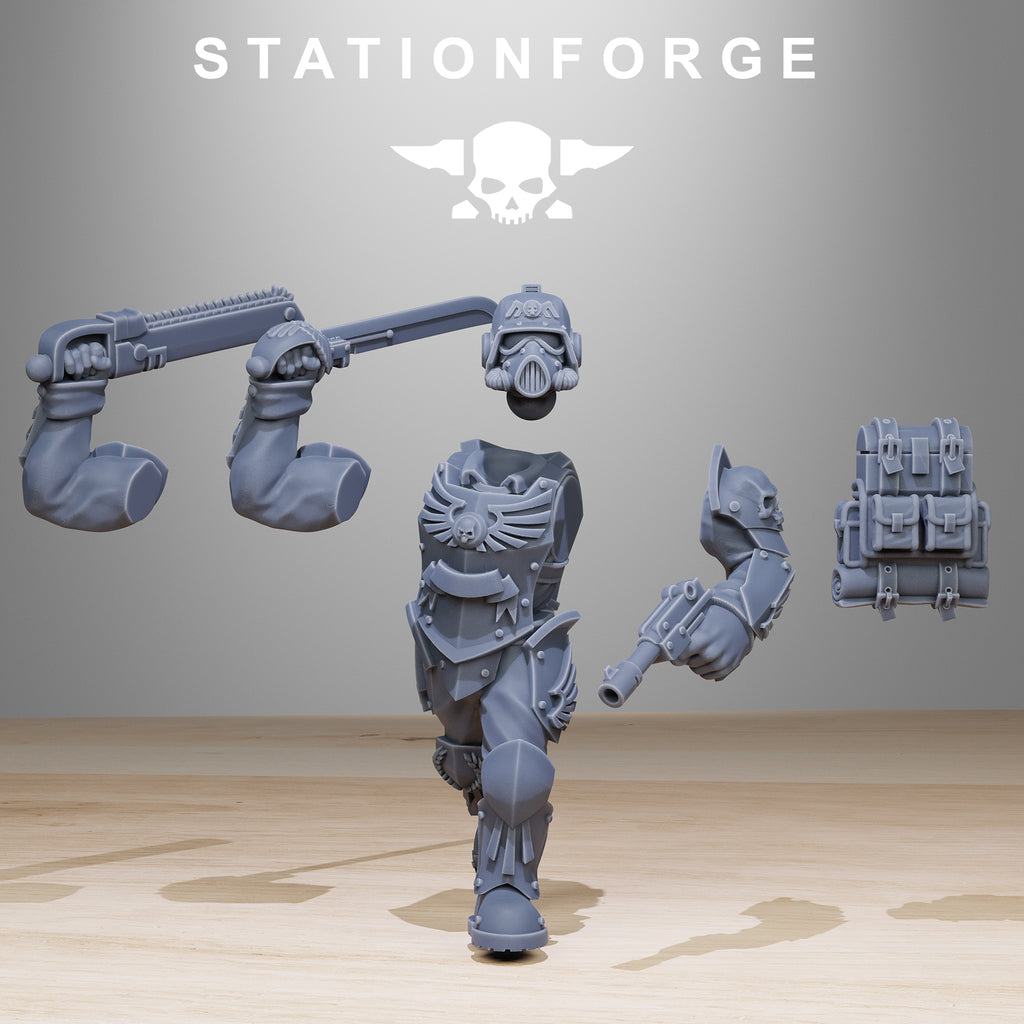 Modular Grimguard Elite resin miniature parts with armored body, gas-mask head, weapon arms, backpack, and sci-fi infantry accessories.