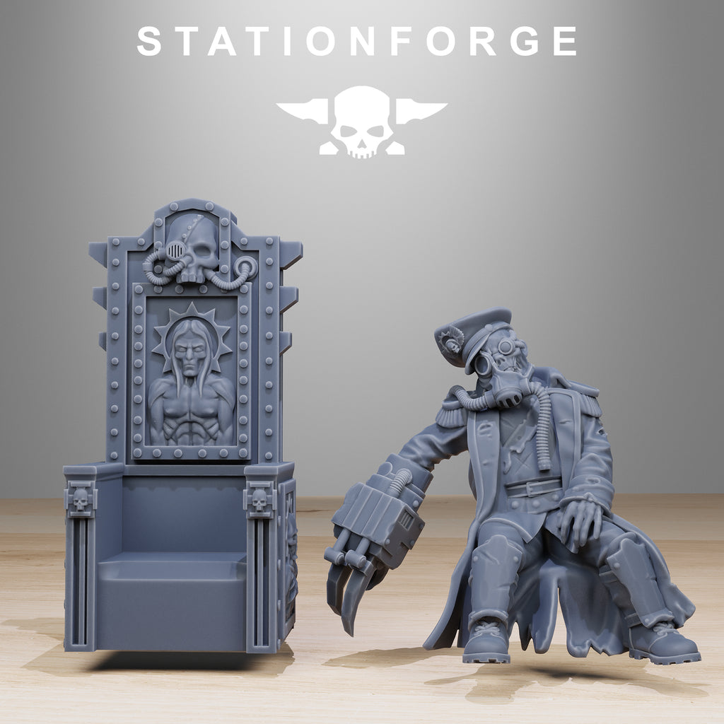 GrimGuard The Fallen Officer resin miniature parts by StationForge showing the seated officer and separate throne command chair before assembly.