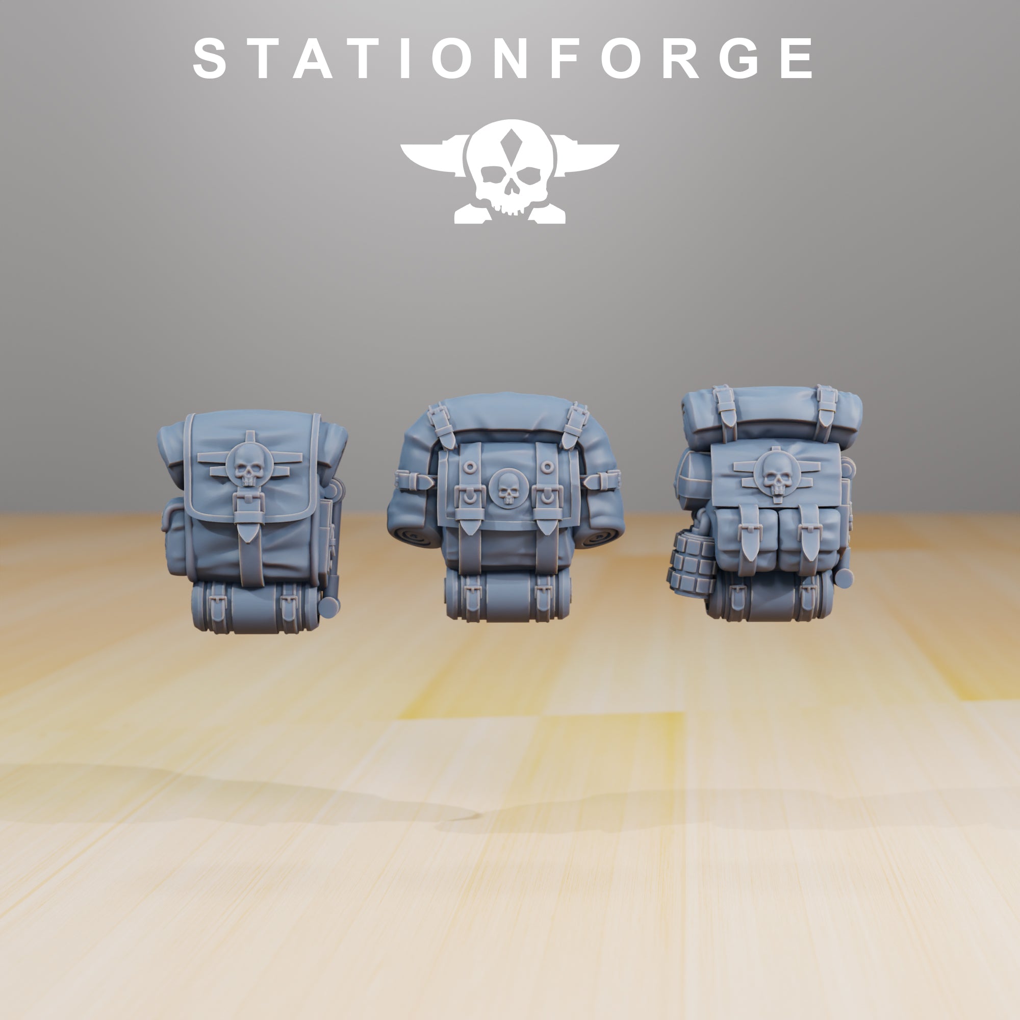 Three Grimguard Infantry Builder backpacks in gray resin with bedrolls, pouches, and skull details.