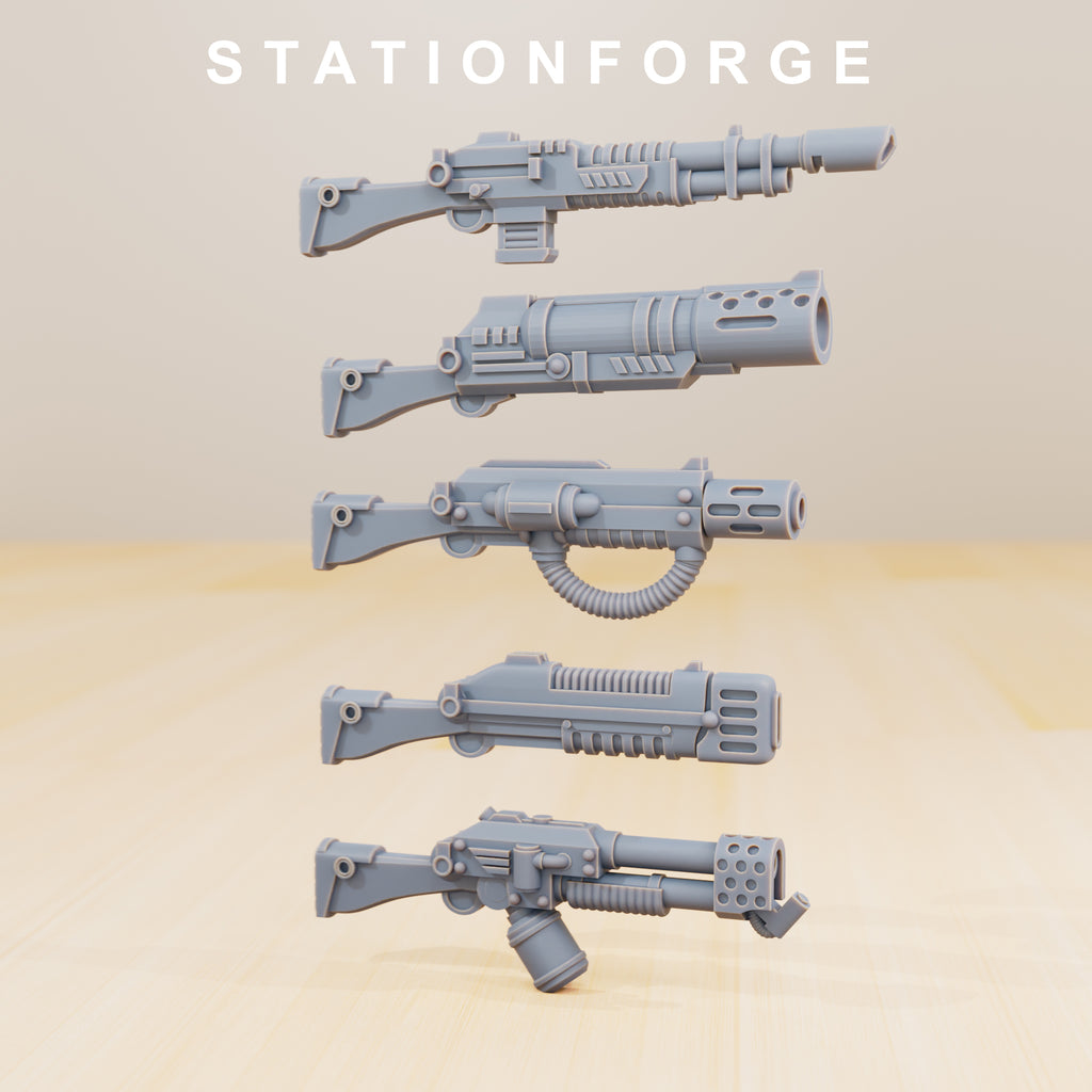 Five Grimguard Infantry Builder weapon options by Station Forge, displayed individually in gray resin.