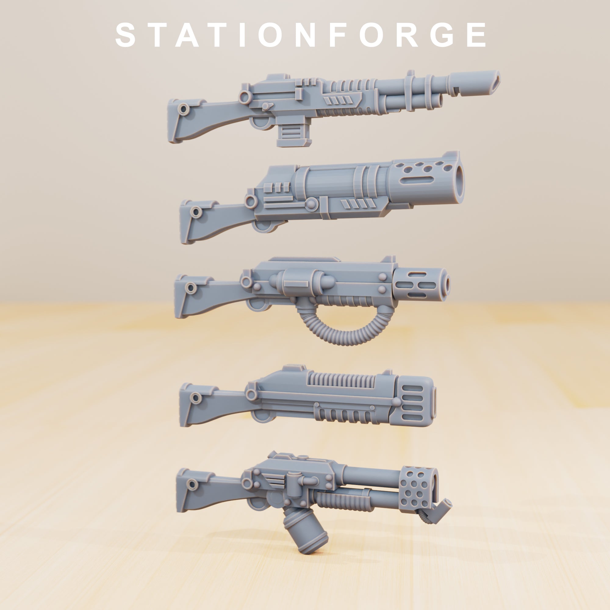 Five Grimguard Infantry Builder weapon options by Station Forge, displayed individually in gray resin.
