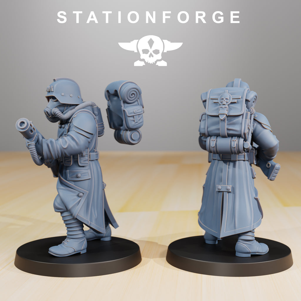 Grimguard Infantry Builder miniature shown from side and rear with separate backpack piece displayed beside it.