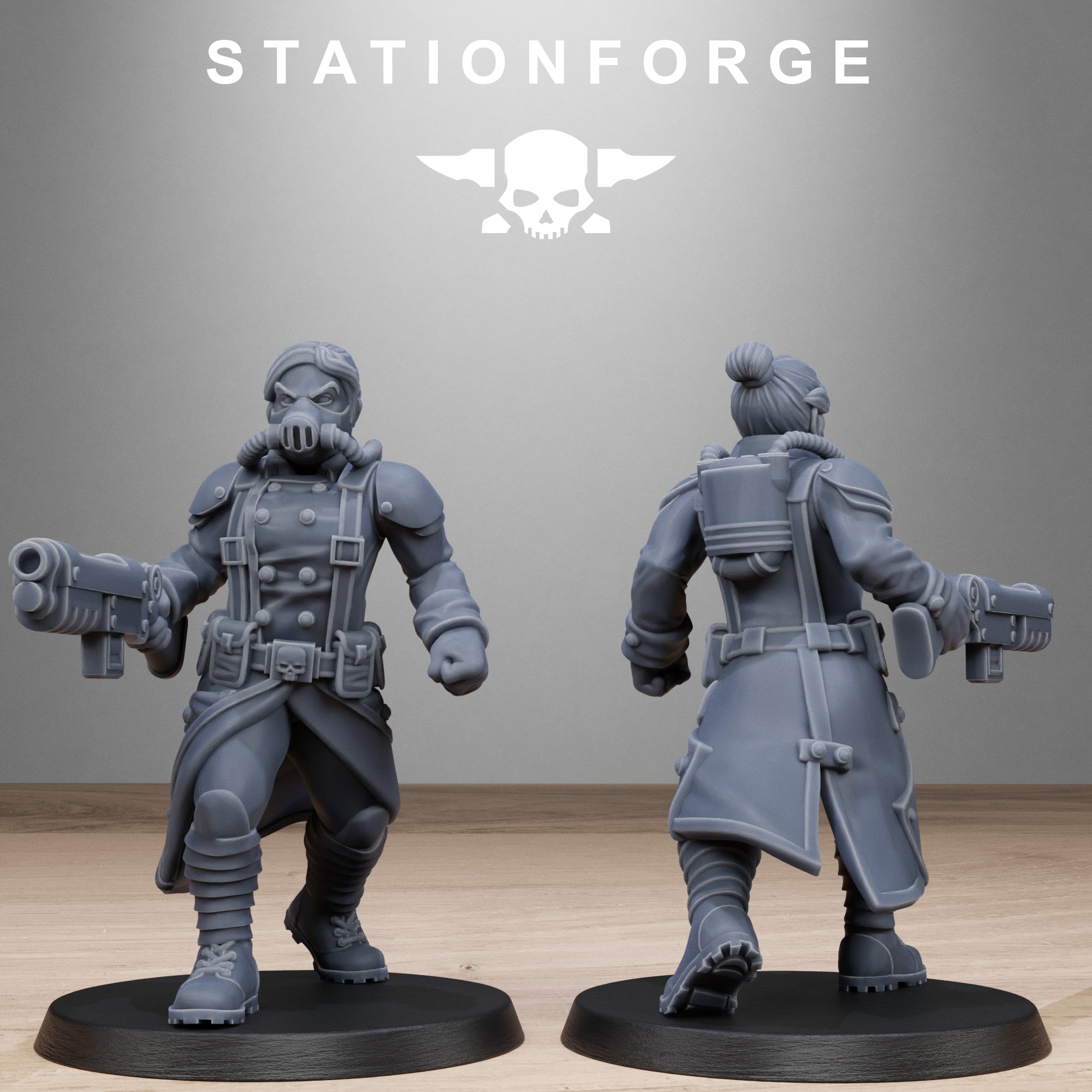GrimGuard Steel Sister resin miniature shown from front and rear with gas mask, trench coat, backpack, armor, and pistol weapon.