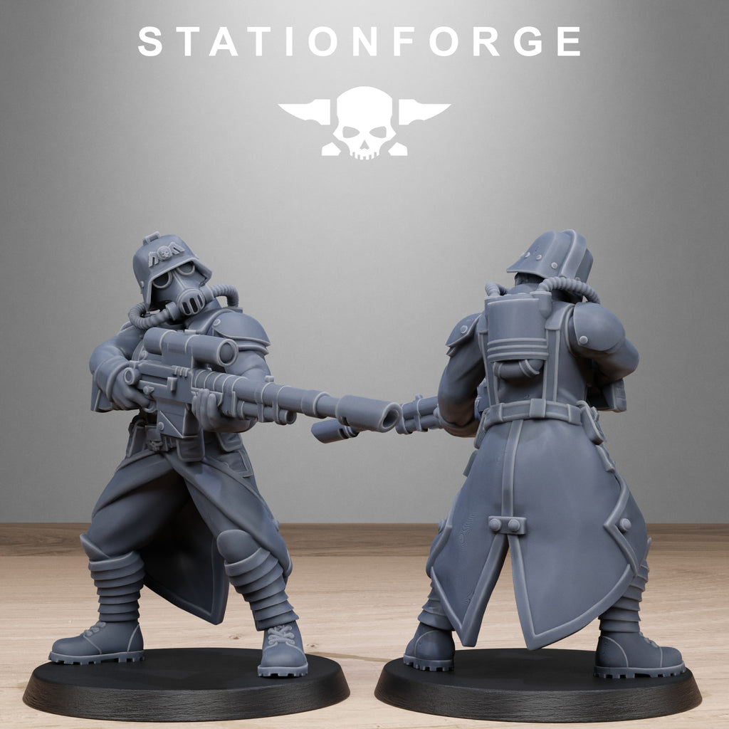 GrimGuard Steel Sister resin miniature shown from front and rear holding a large rifle with helmet, backpack, armor, and trench coat details.