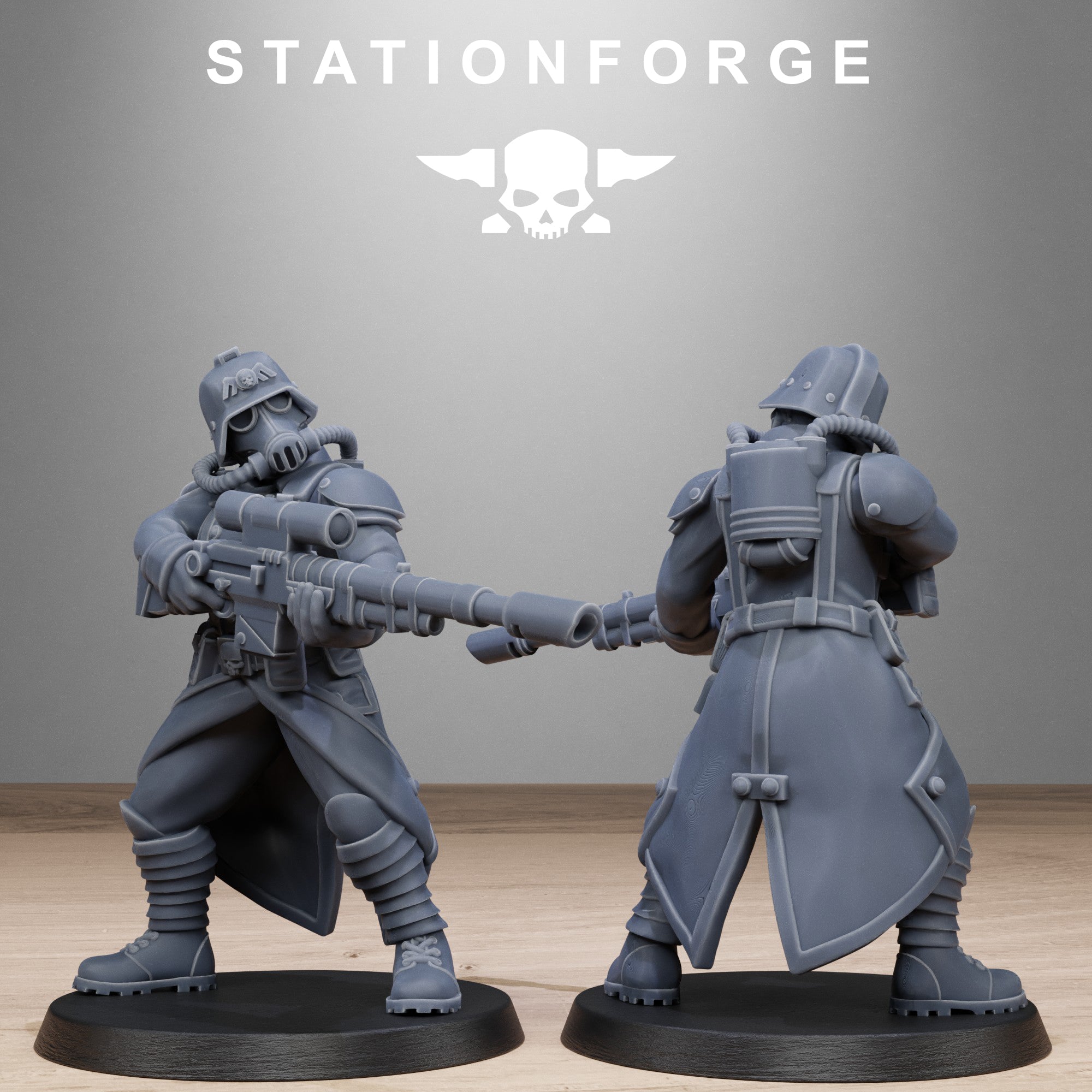 GrimGuard Steel Sister resin miniature shown from front and rear holding a large rifle with helmet, backpack, armor, and trench coat details.