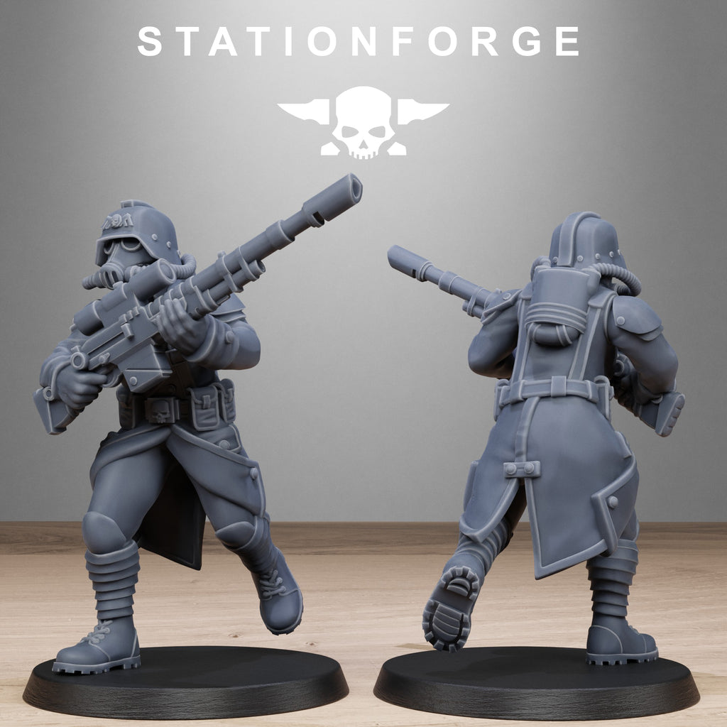 GrimGuard Steel Sister resin miniature shown from front and rear holding a large rifle with helmet, backpack, armor, and trench coat details.