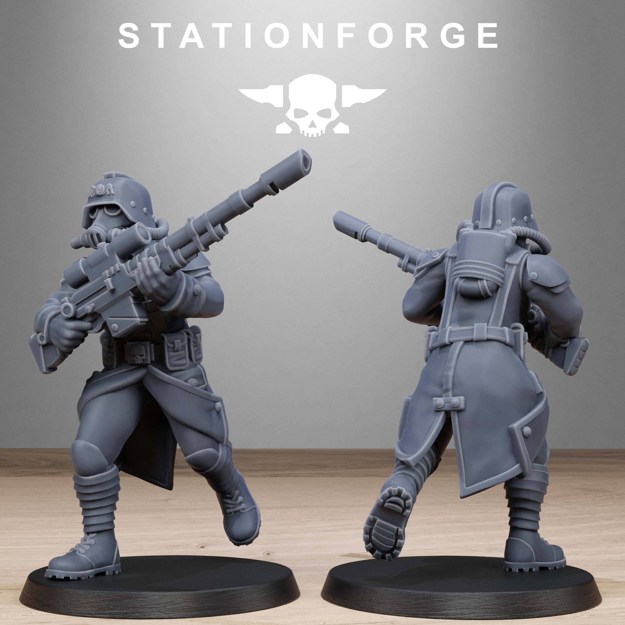 GrimGuard Steel Sister resin miniature shown from front and rear holding a large rifle with helmet, backpack, armor, and trench coat details.
