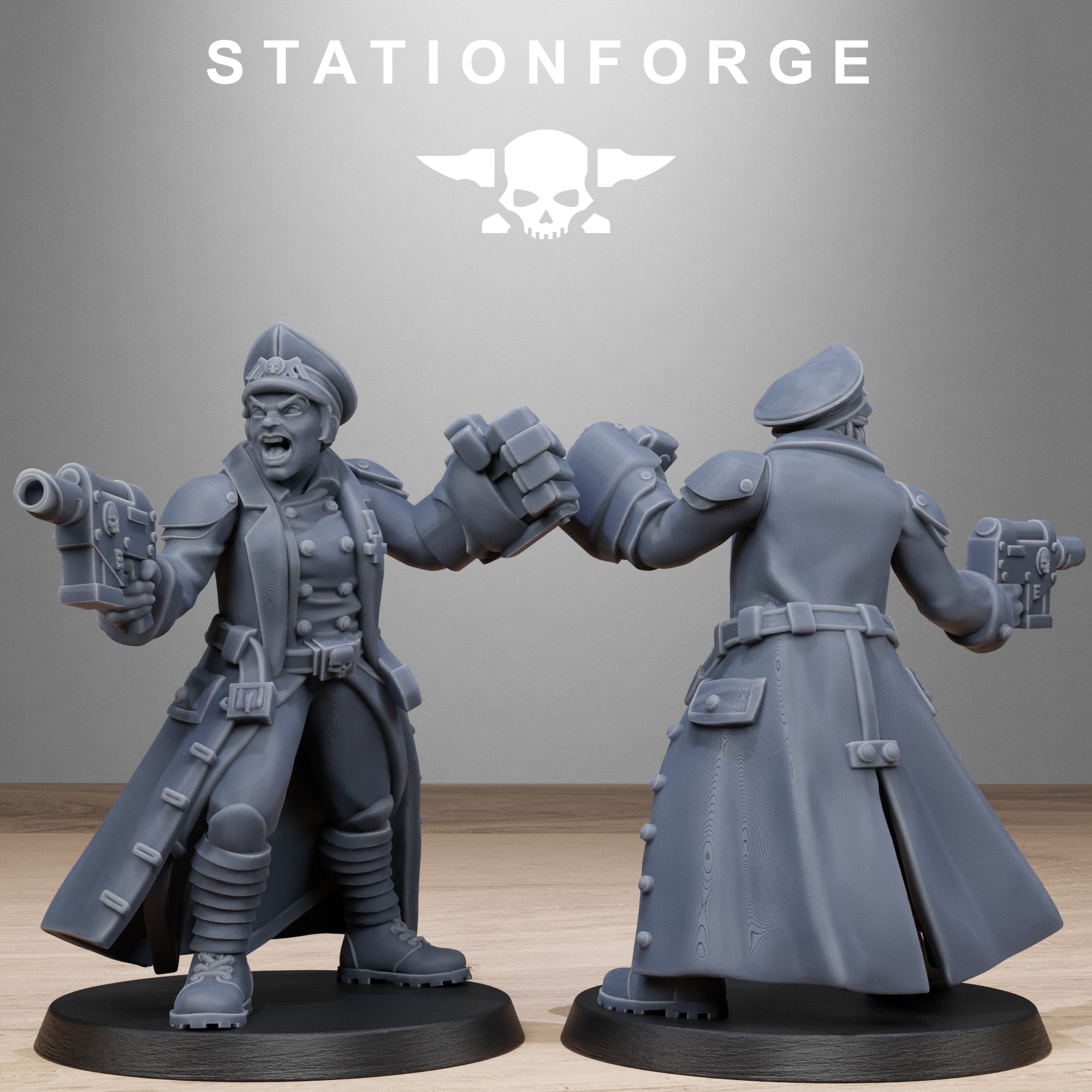 GrimGuard Steel Sister resin miniature shown from front and rear with gas mask, trench coat, backpack, armor, and pistol weapon.