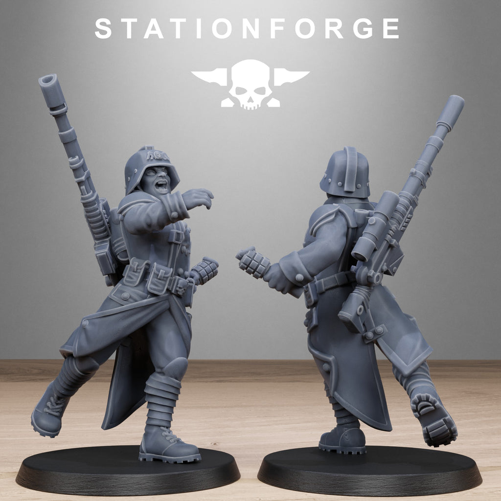 GrimGuard Steel Sister resin miniature shown from front and rear holding a large rifle with helmet, backpack, armor, and trench coat details.
