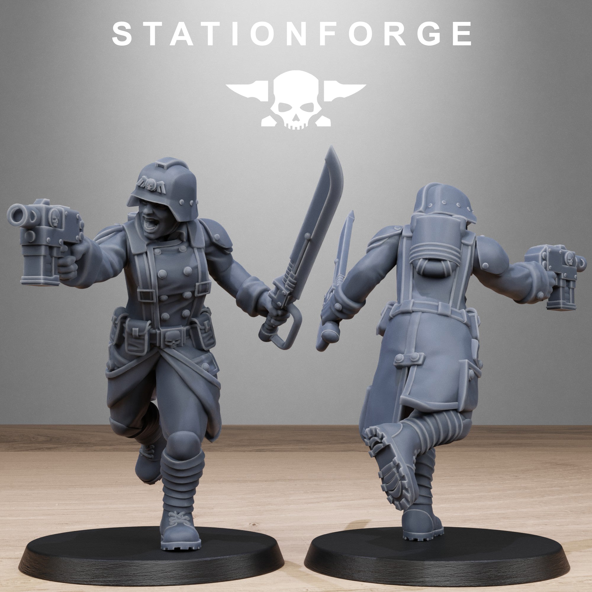 GrimGuard Steel Sister resin miniature shown from front and rear with gas mask, trench coat, backpack, armor, and pistol weapon.