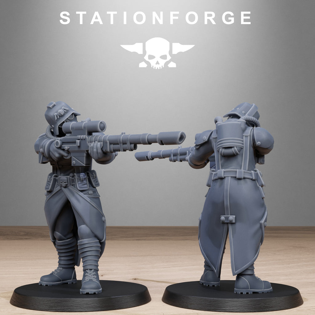 GrimGuard Steel Sister resin miniature shown from front and rear holding a large rifle with helmet, backpack, armor, and trench coat details.