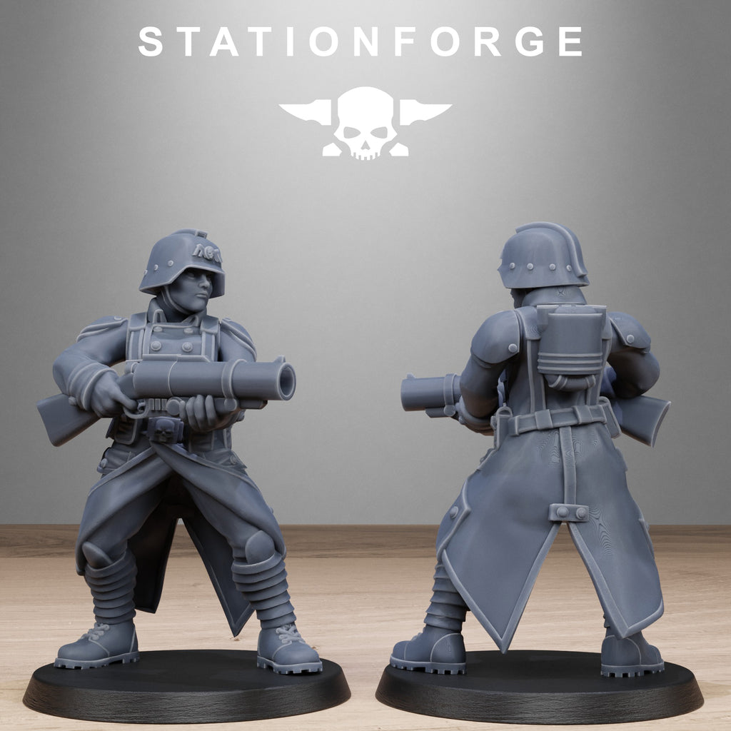 GrimGuard Steel Sister resin miniature shown from front and rear holding a large rifle with helmet, backpack, armor, and trench coat details.