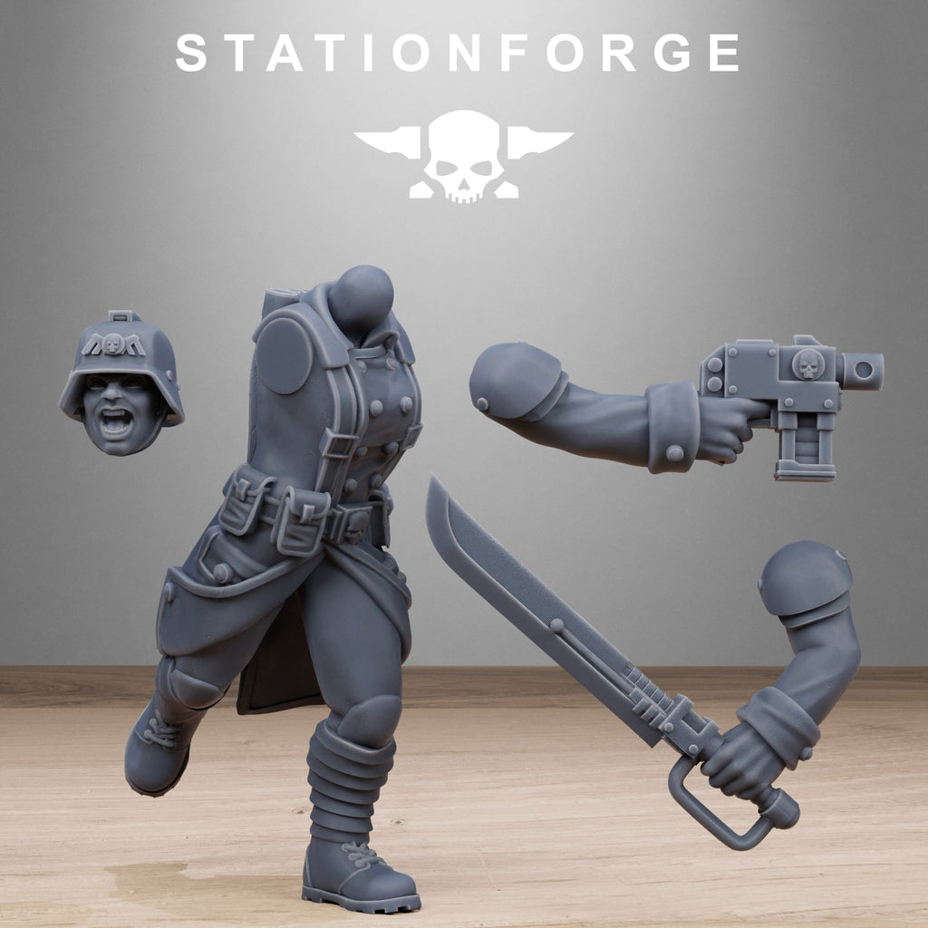 Modular GrimGuard Steel Sisters resin parts showing alternate head, body, pistol arm, and sword arm pieces.