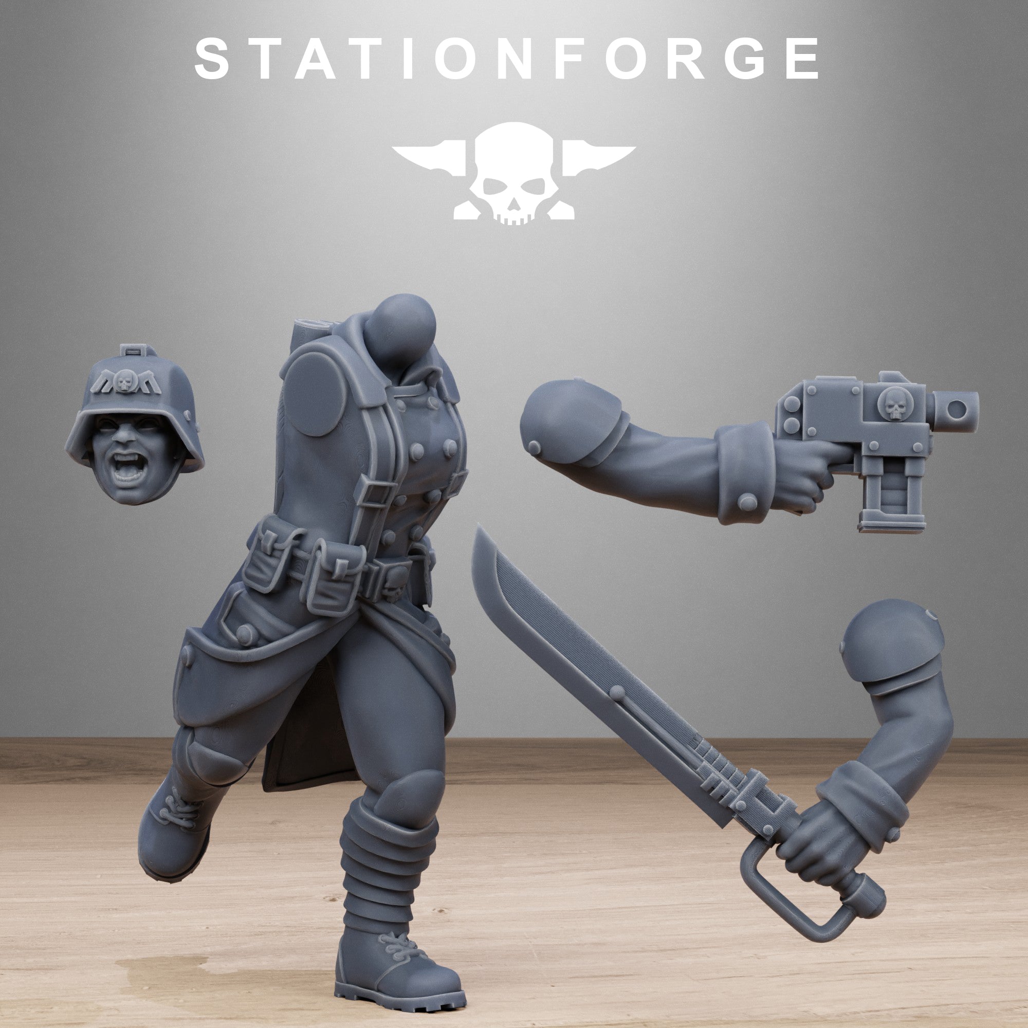 Modular GrimGuard Steel Sisters resin parts showing alternate head, body, pistol arm, and sword arm pieces.