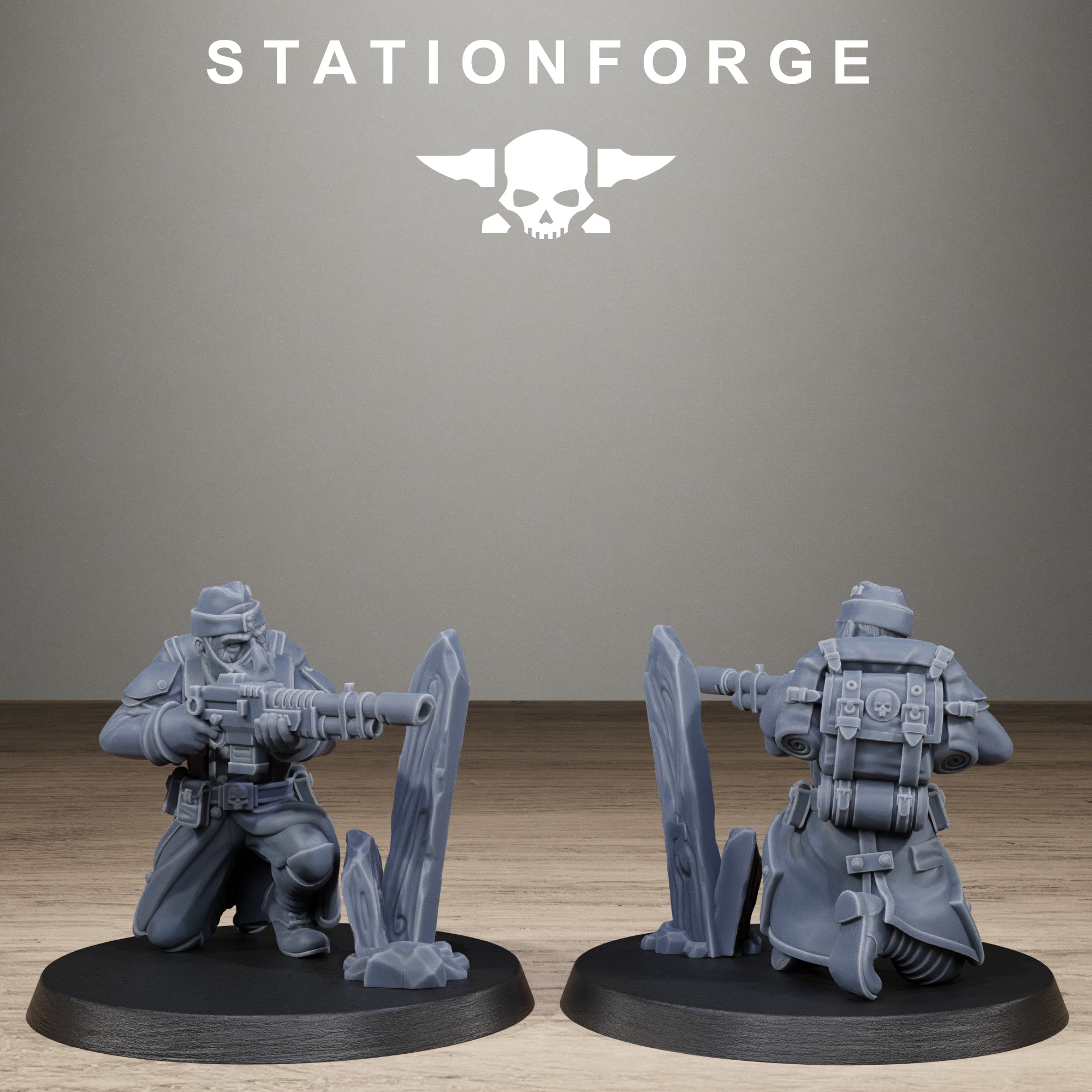 GrimGuard Trench Raider resin miniature by StationForge with expressive face, helmet, weapon, grenades, and trench-war assault gear.