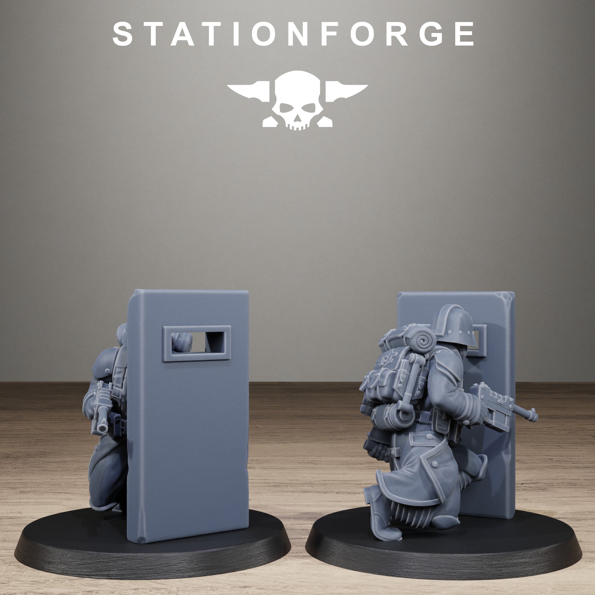 GrimGuard Trench Raider resin miniature positioned behind a door-style barricade with rifle, helmet, backpack, and tactical trench details.