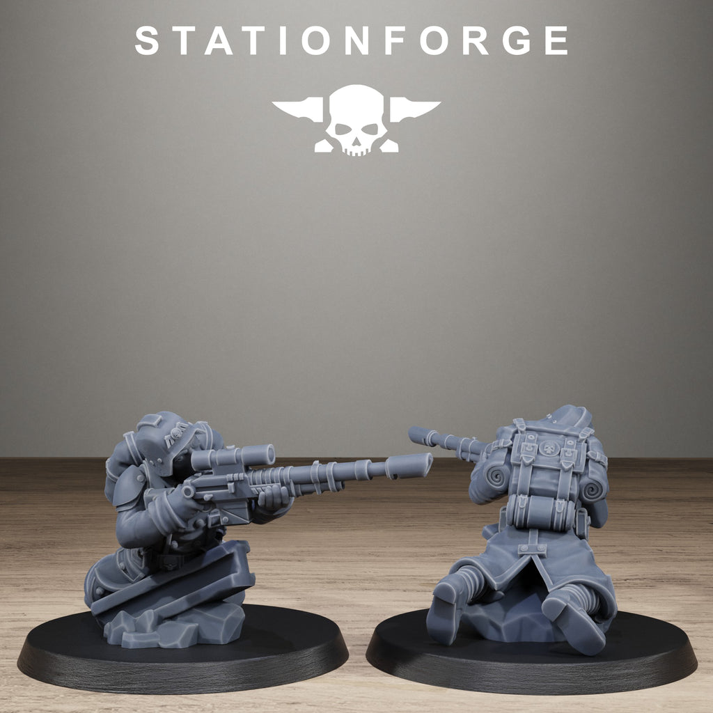 GrimGuard Trench Raider resin miniature shown from side and rear with large sci-fi weapon, pack, coat, armor, and battlefield equipment.