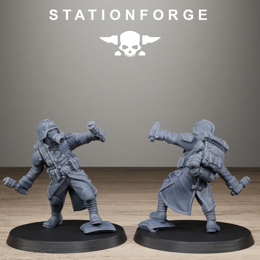 GrimGuard Trench Raider resin miniature holding grenades with gas mask, long coat, backpack, and grimdark sci-fi battlefield gear.