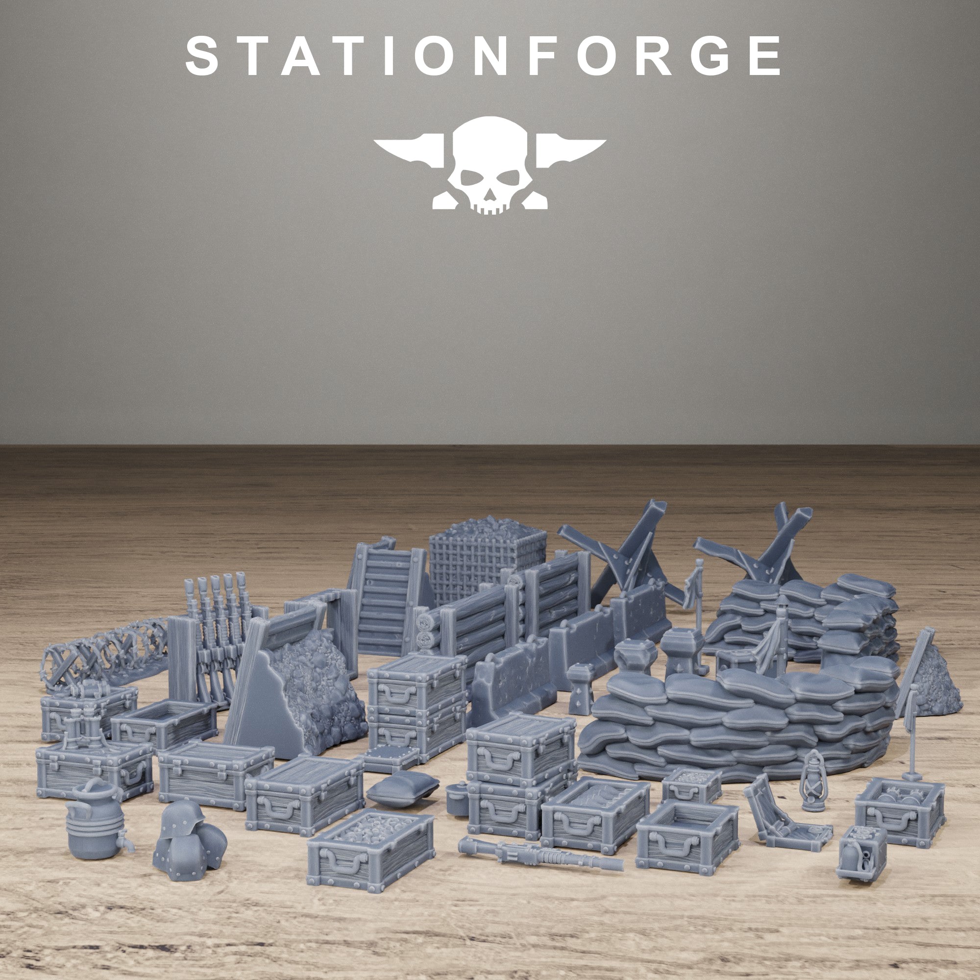 Station Forge Grimguard War Terrain Bits displayed on a tabletop with trench walls, crates, sandbags, barbed wire, and defensive terrain.