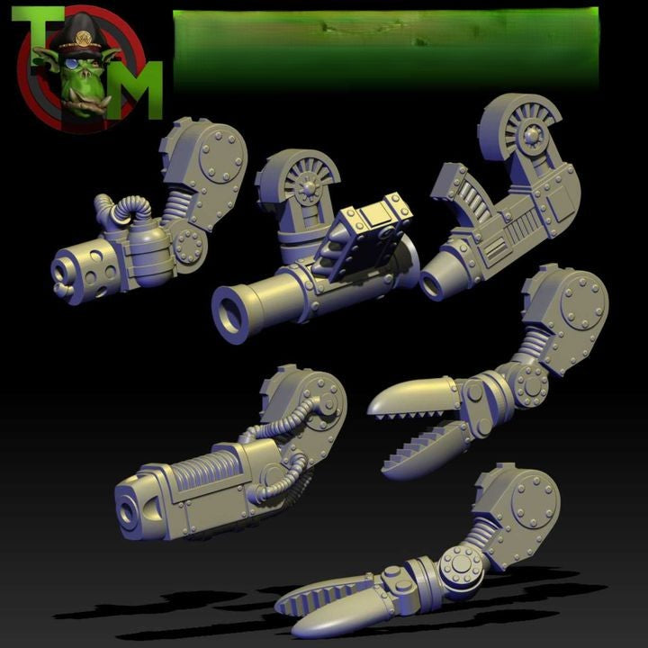 Weapon arm options for the Guttertech Scrap Walker by Trollet Miniatures, featuring sci-fi guns, claws, saws, and mechanical conversion parts.
