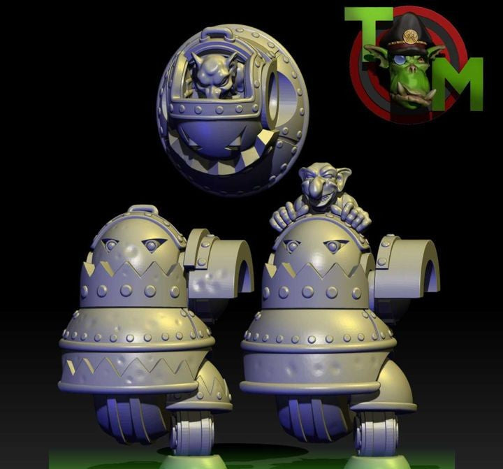 Body parts for the Guttertech Scrap Walker by Trollet Miniatures, showing armored goblin-piloted walker bodies and scrap-tech mechanical details.
